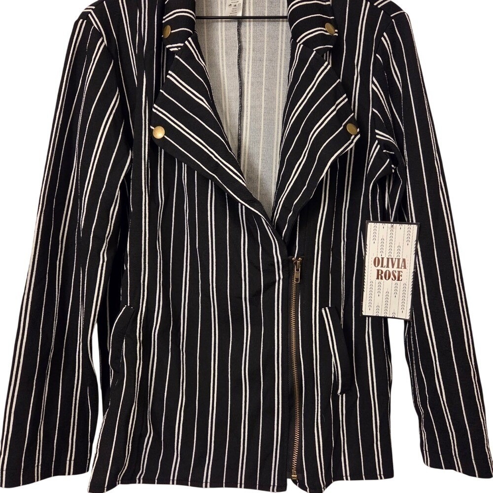 Olivia Rose Womens 1X Moto Jacket Black White Striped Asymmetrical Zip New